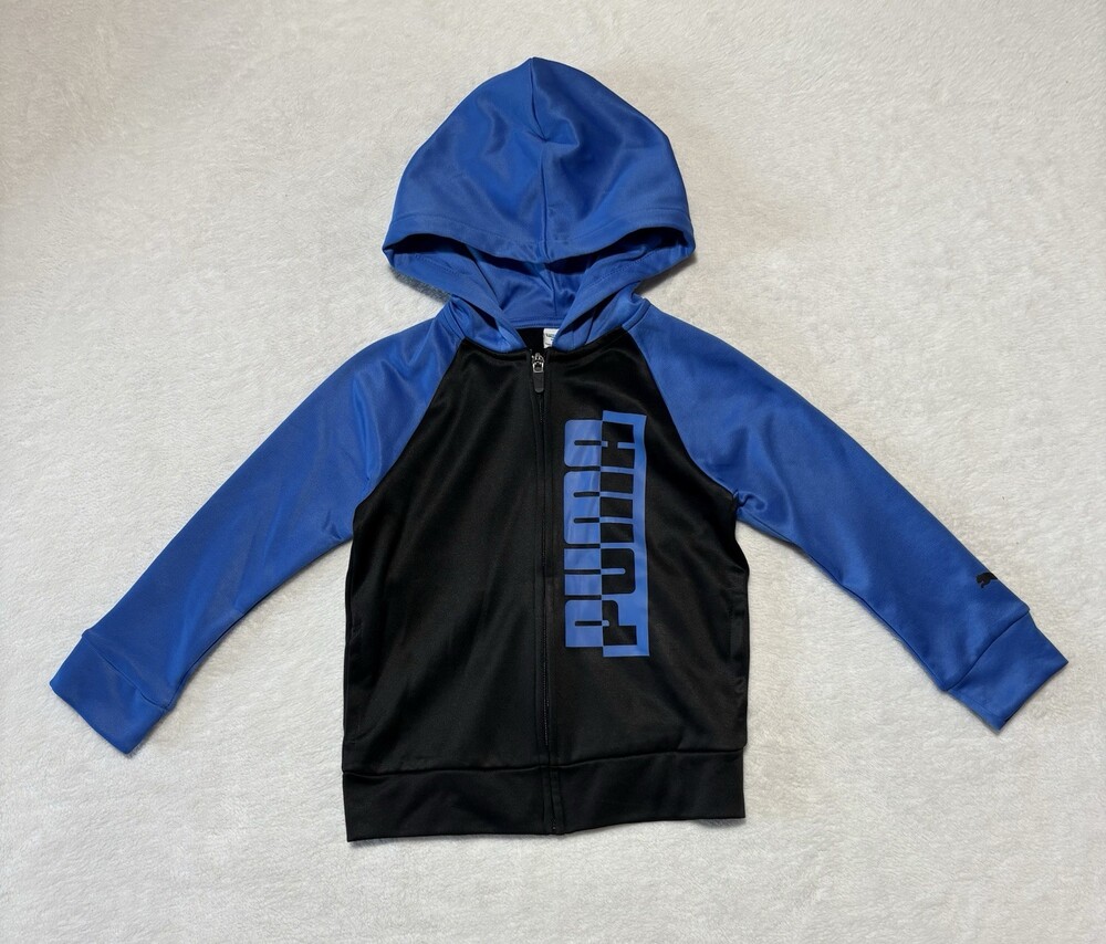 Puma Jacket Boys 5 Black Blue Hooded Full Zip Athletic Track Youth Kids
